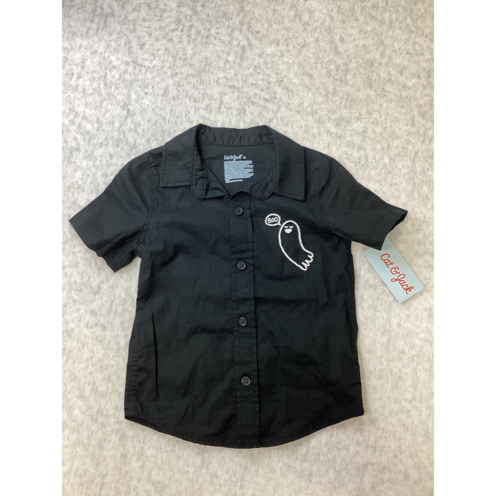 Cat & Jack‎ Boys Black Ghost Embroidered Button Down Shirt 2T Halloween NWT